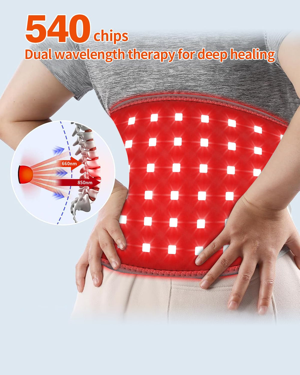 YIPFREE red light therapy belt wrapped on back demonstrates full-area coverage for back relief during activities