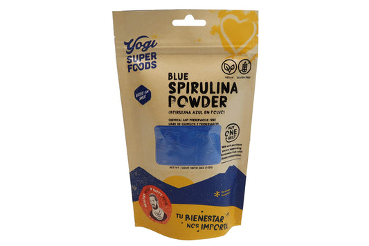 Yogi Super Foods blue spirulina powder bottle shows vibrant color and protein boost