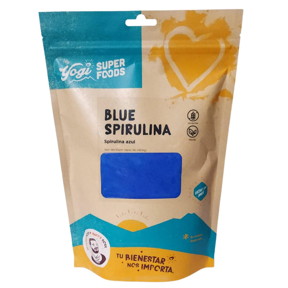 Yogi Super Foods blue spirulina packaging ready for smoothies and baking.