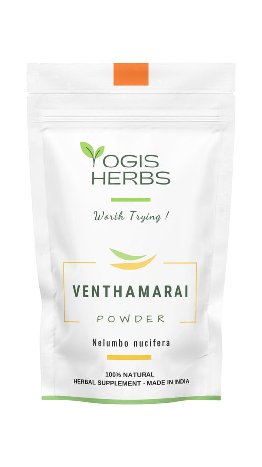 YOGIS HERBS Venthamarai powder pack shot shows pure Nelumbo nucifera for daily wellness.