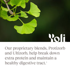 Yoli Enzyme ingredients scoop highlights enzymes for carbohydrate and fat breakdown.