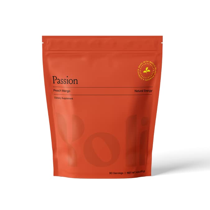 Yoli Passion energy powder in peach mango tub for sustained energy during workouts.