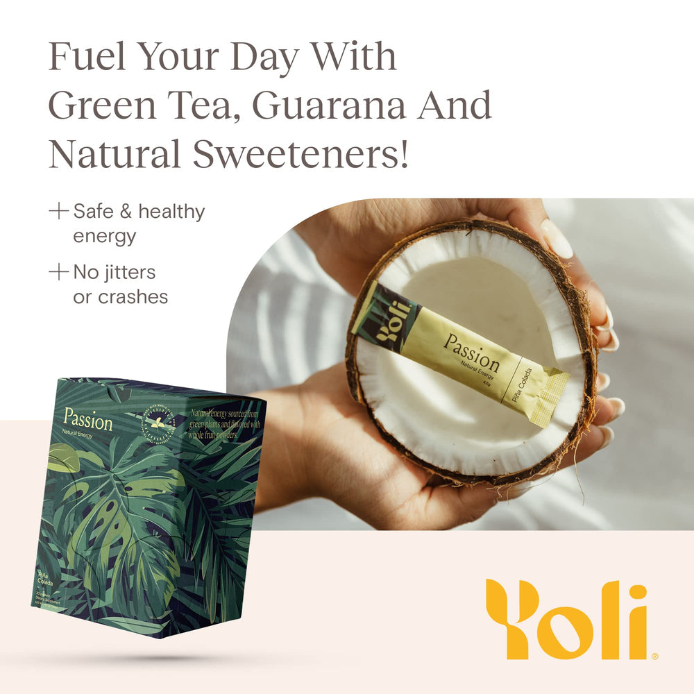 Yoli Passion energy powder dissolving in water forming a refreshing Pina Colada drink