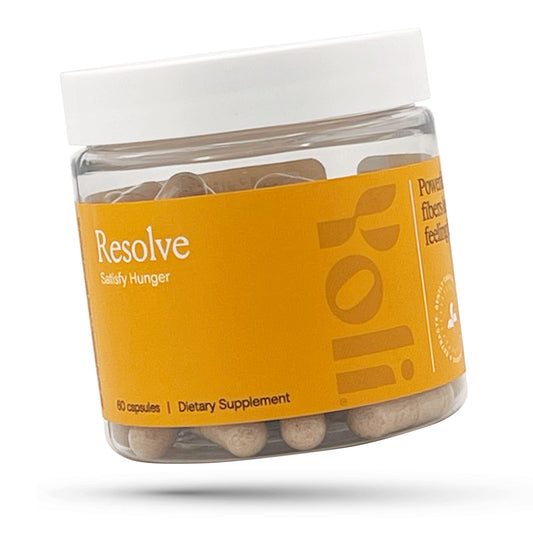 Yoli Resolve PhytoFiber bottle highlights a fullness-friendly blend for mindful eating.