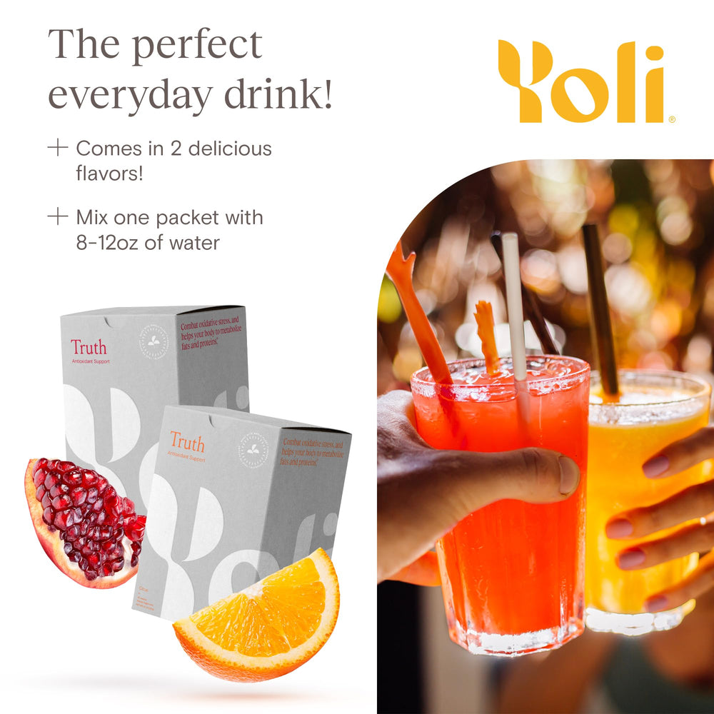 Sliced citrus beside Yoli Truth packet.