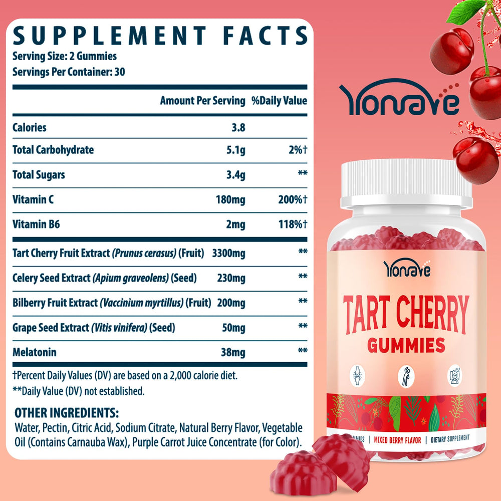 Close-up of the label highlighting tart cherry extract, celery seed and vitamin C benefits.