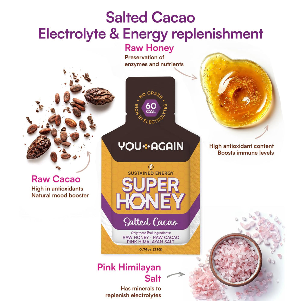 You Again Super Honey Salted Cacao packet provides quick energy without stomach upset.