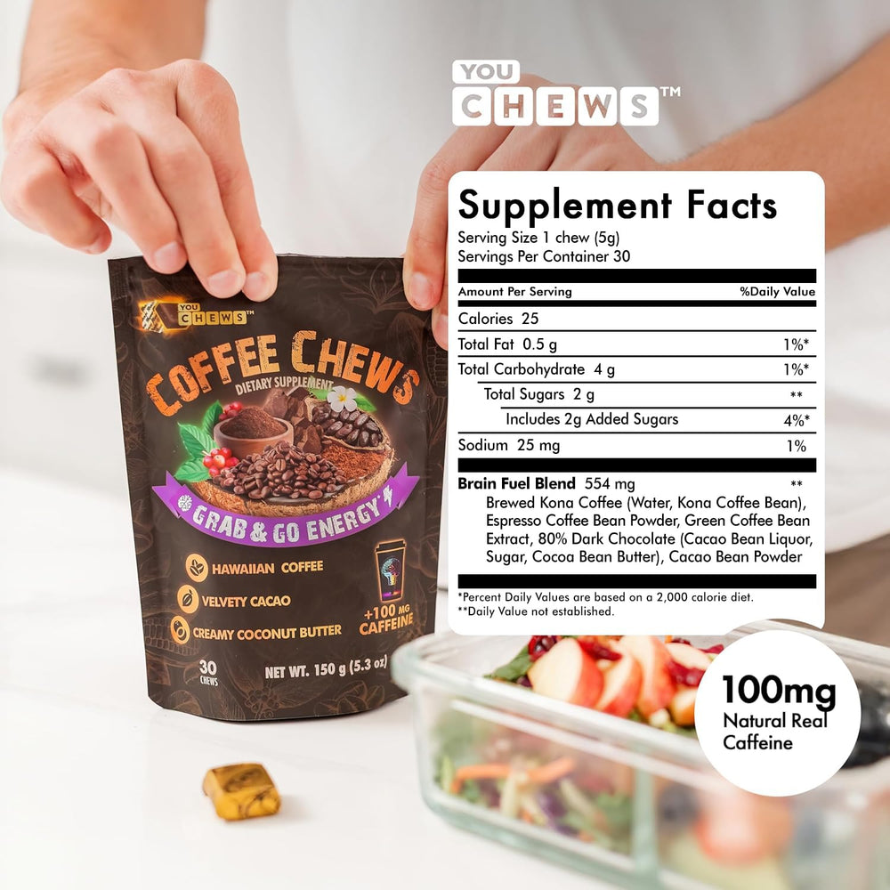 YouChews Coffee Chews texture close-up reveals soft chewy energy bite