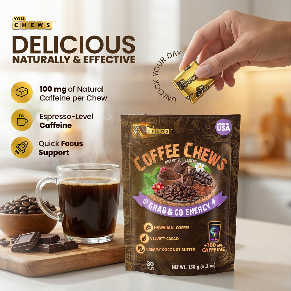 YouChews Coffee Chews soft texture for easy chewing and quick absorption.