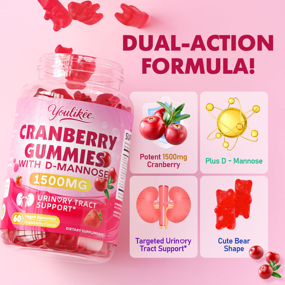 Youlikee cranberry gummies strawberry glow emphasizing real strawberry flavor.