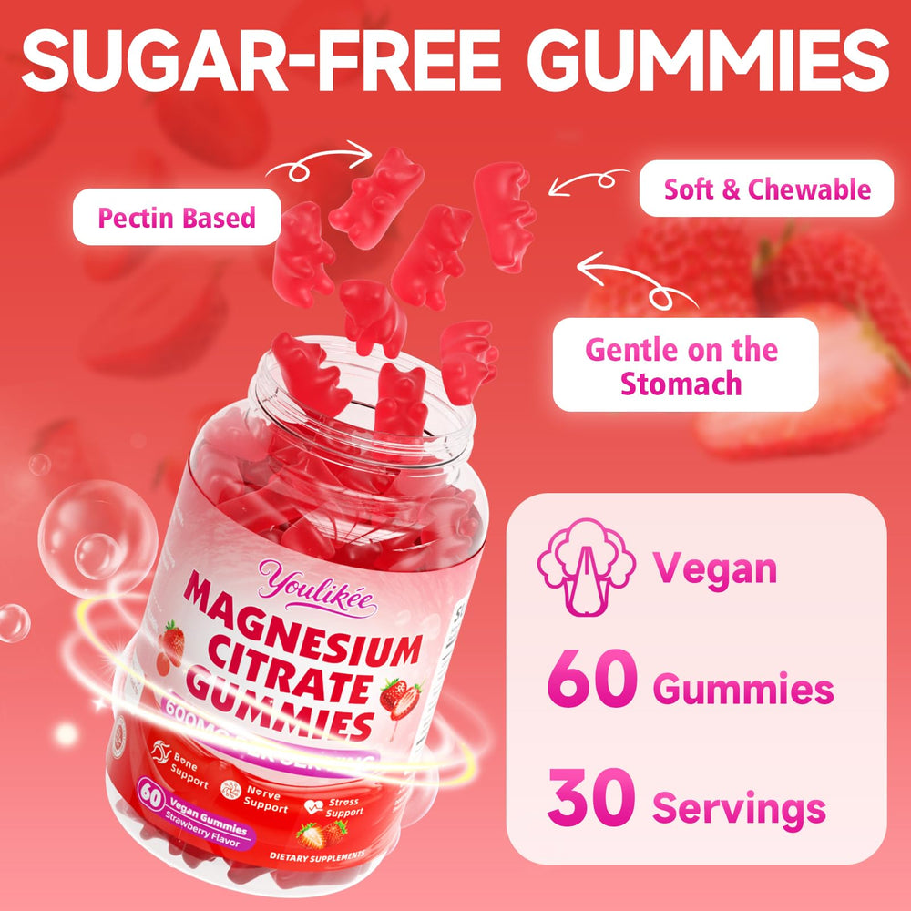 Youlikee magnesium citrate gummies on desk with strawberry flavor nearby