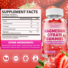 Youlikee magnesium citrate gummies pack closeup showing vegan, sugar-free formula