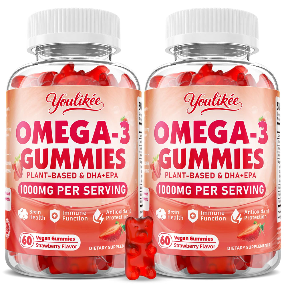 Youlikee vegan omega-3 gummies bottle with strawberry flavor for plant-based DHA and EPA.