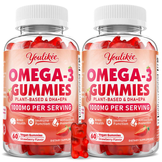 Youlikee vegan omega-3 gummies bottle with strawberry flavor for plant-based DHA and EPA.