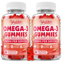 Youlikee vegan omega-3 gummies bottle with strawberry flavor for plant-based DHA and EPA.