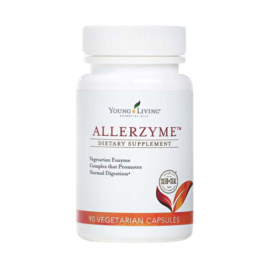 Young Living Allerzyme bottle front highlights vegetarian digestive support in premium packaging.