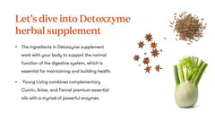 Young Living Detoxzyme bottle pour demonstrating convenient dosing on the go.