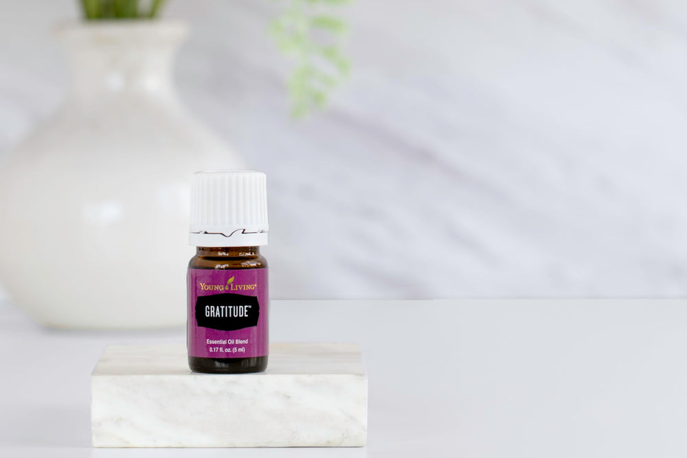 Young Living Gratitude bottle label highlighting authentic essential oil