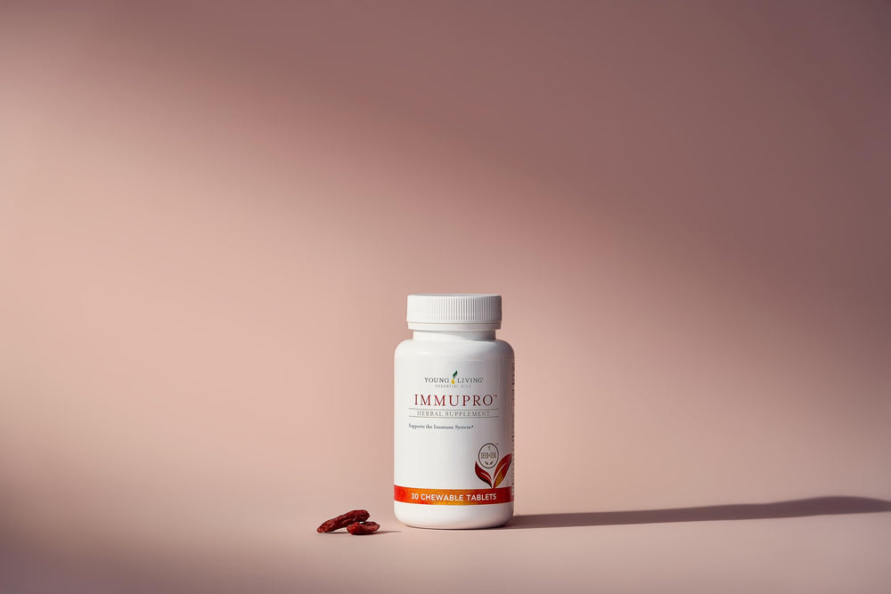 Young Living ImmuPro bottle label closeup highlighting packaging and branding.