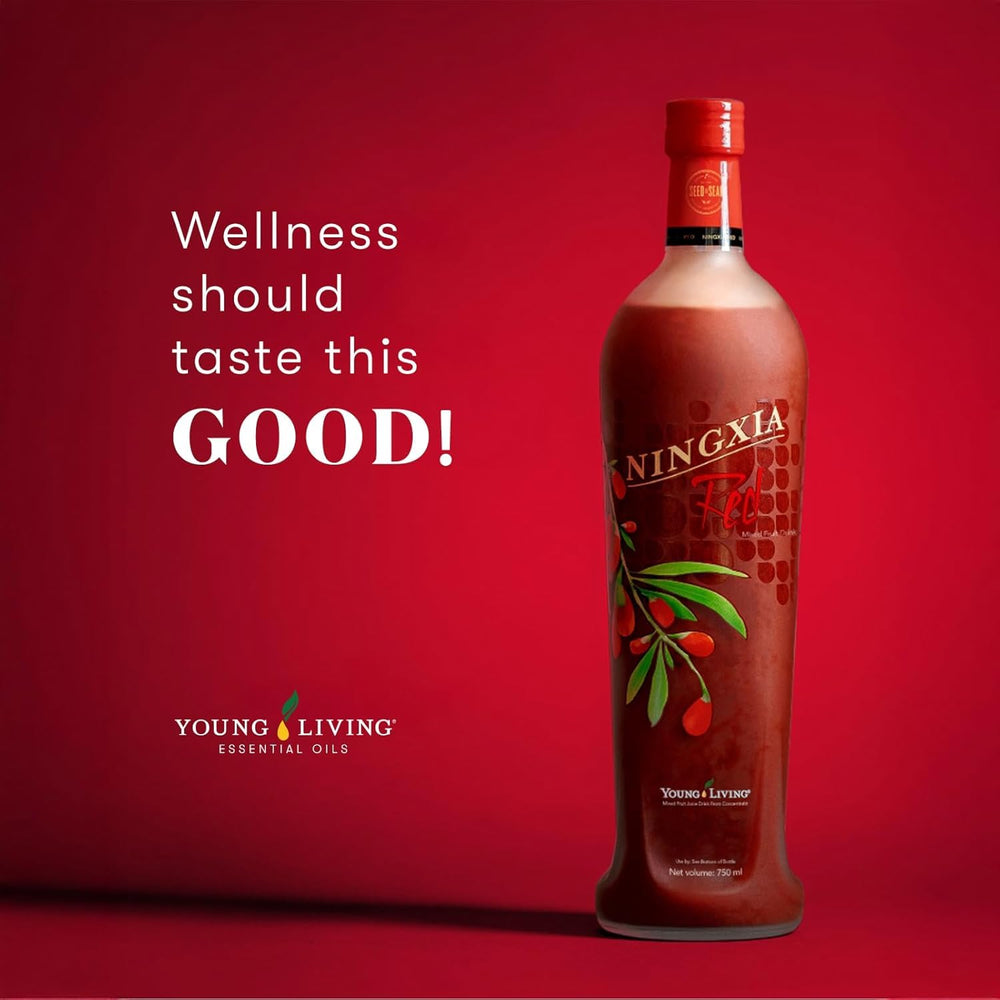 Young Living NingXia Red bottle on kitchen counter ready to mix into drinks.