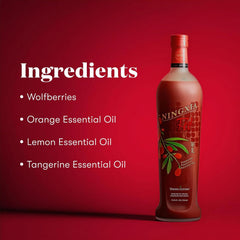 Young Living NingXia Red juice in a glass with straw for a daily ritual.