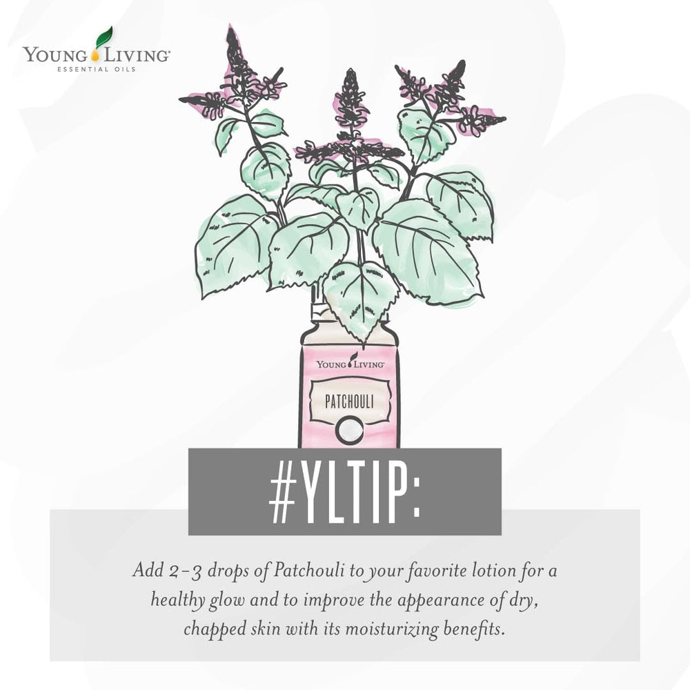 Young Living Patchouli oil, uplifting scent that supports a positive mood during routines.