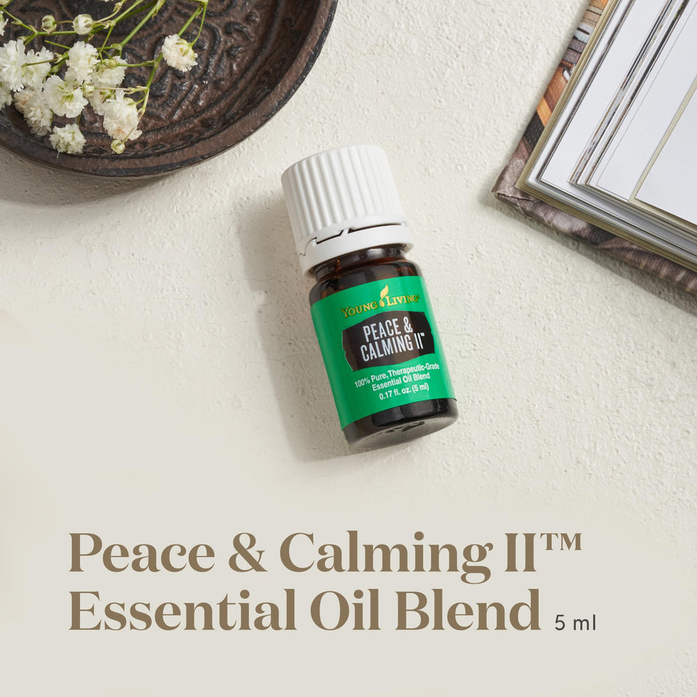Young Living Peace Calming II bottle pour illustrating quick relaxation ritual
