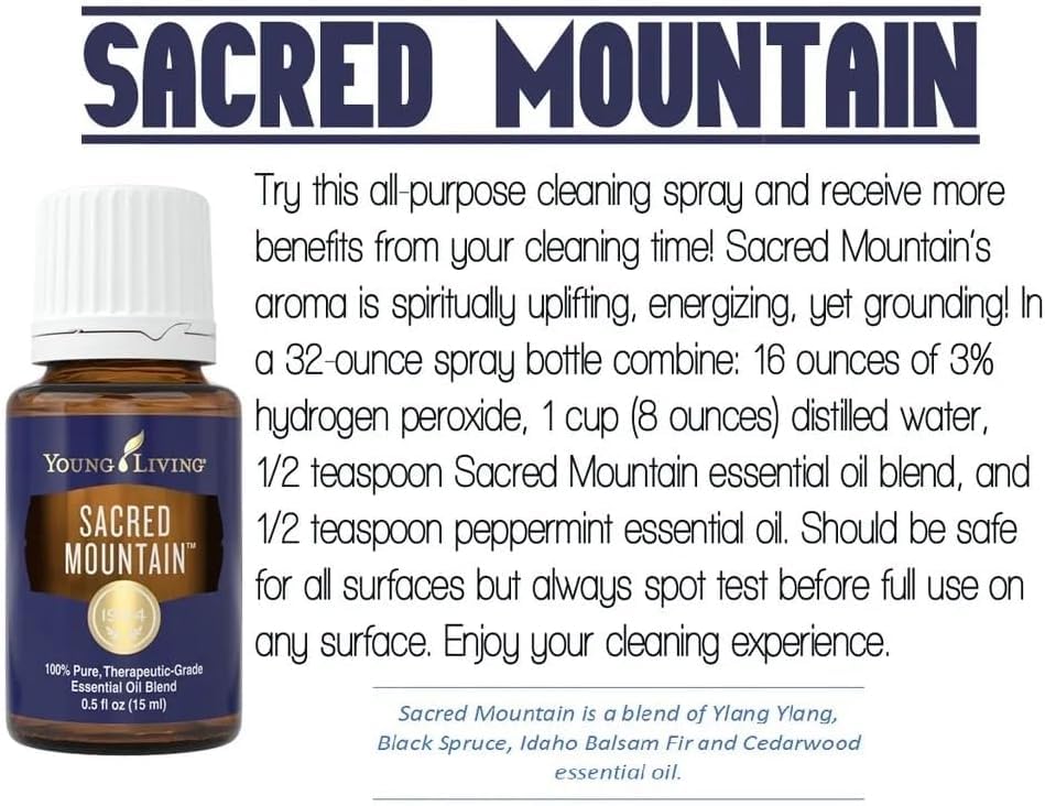 Young Living Sacred Mountain bottle in a wood tones scene for peaceful ambiance.