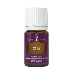 Young Living SARA essential oil bottle close-up for calming aroma and focus.