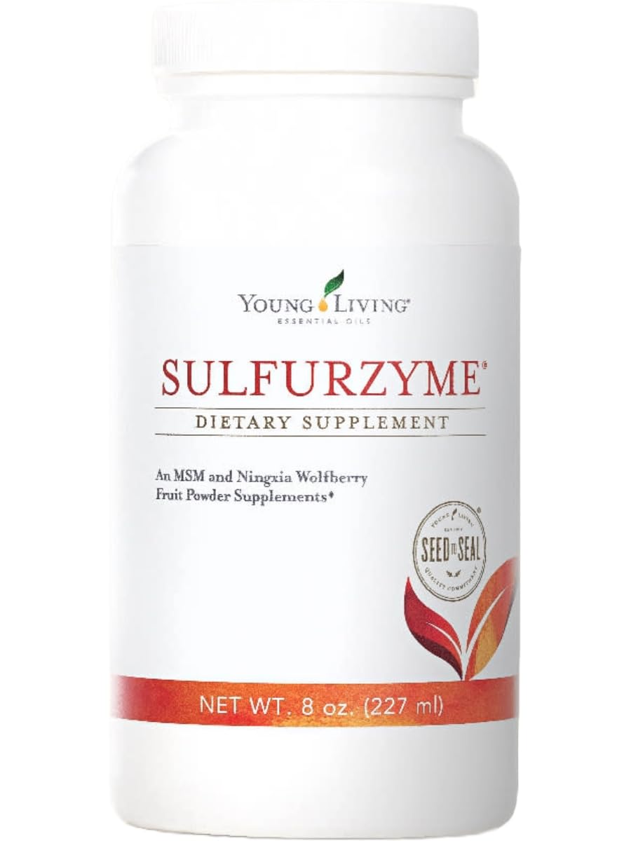 Young Living Sulfurzyme powder bottle supports joint comfort and daily vitality.