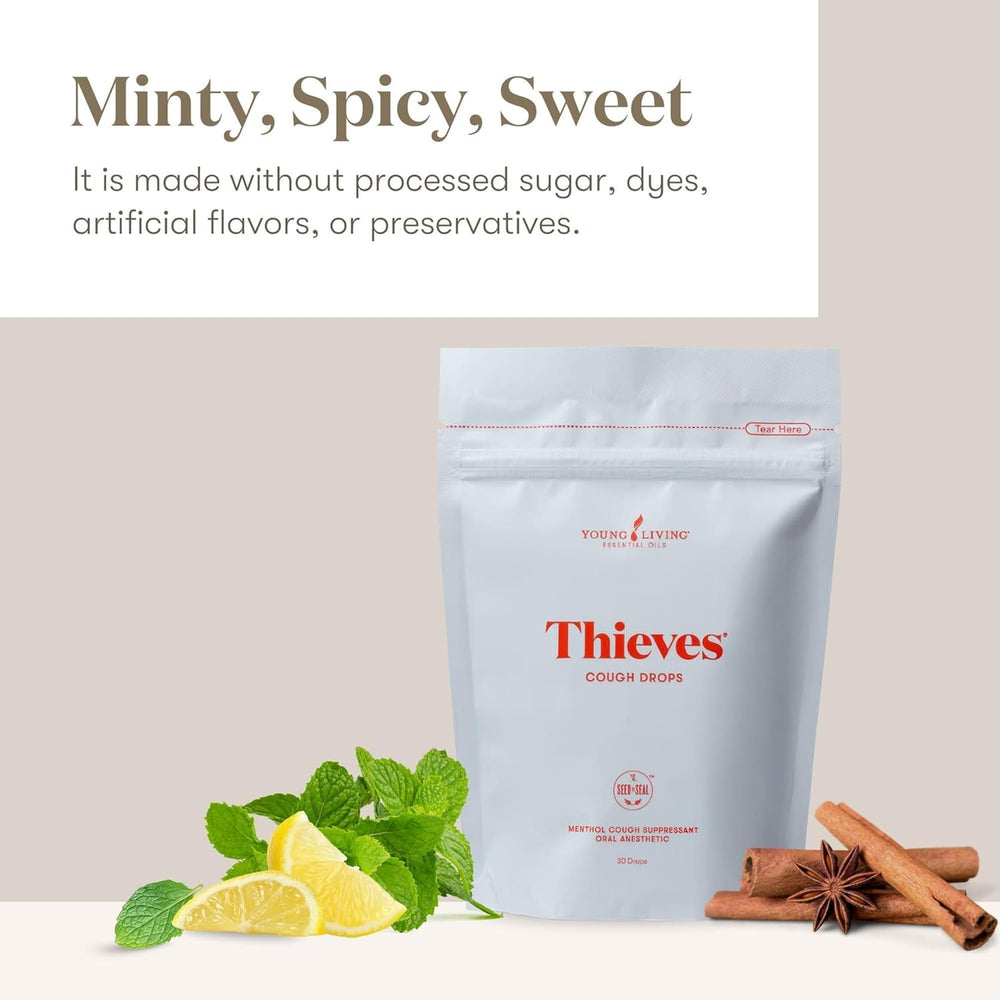 Close-up of Young Living Thieves Cough Drops label highlighting dietary supplement use.