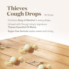 Packaging of Young Living Thieves Cough Drops displayed for quick flavor access.