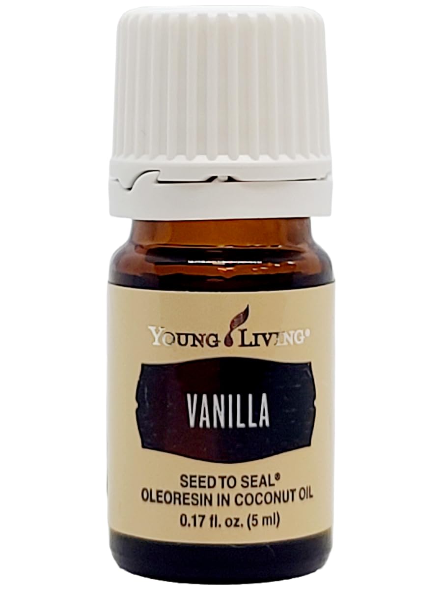 Close-up of Young Living Vanilla label highlighting natural vanilla aroma.