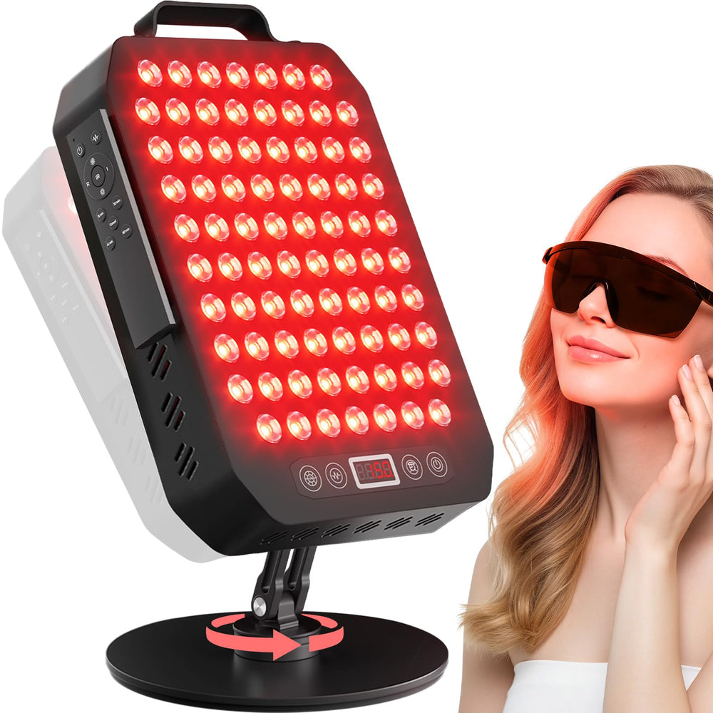 Young Master red light panel in stand for easy placement during skincare routines.
