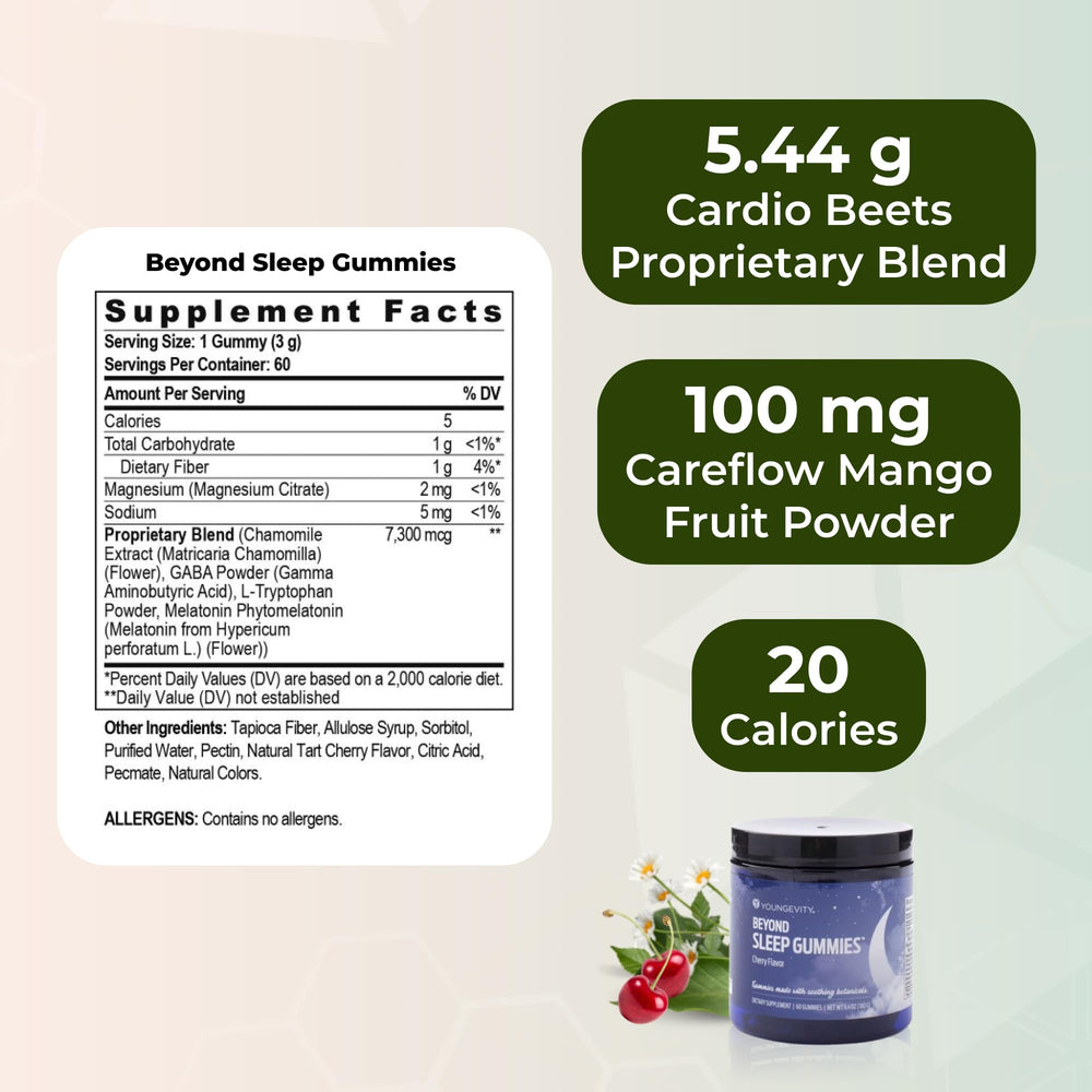 Youngevity Beyond Sleep Gummies texture close-up showing chewy gummies for easy nightly consumption.