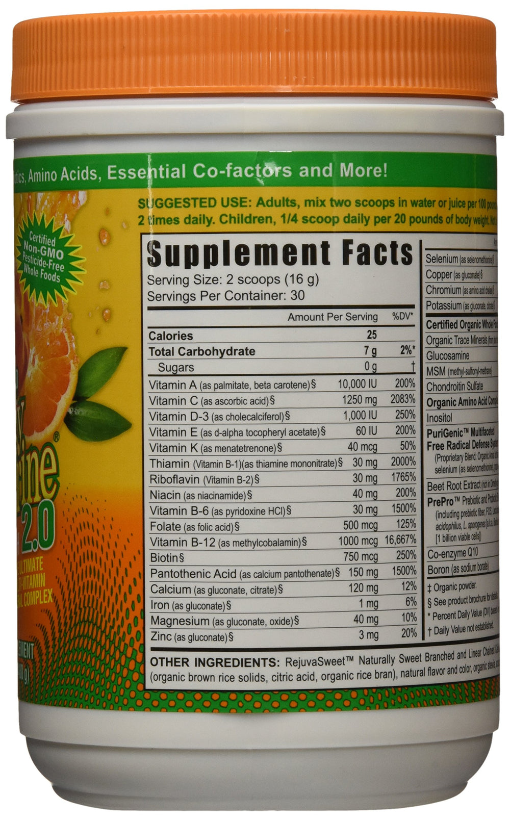 Youngevity Beyond Tangy Tangerine 2.0 label close-up highlighting organic ingredients