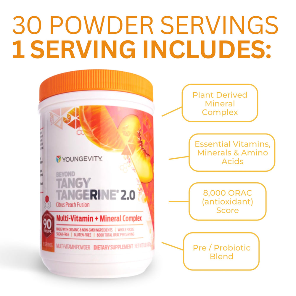 Prepared Youngevity Beyond Tangy Tangerine 2.0 drink in glass, vibrant and refreshing