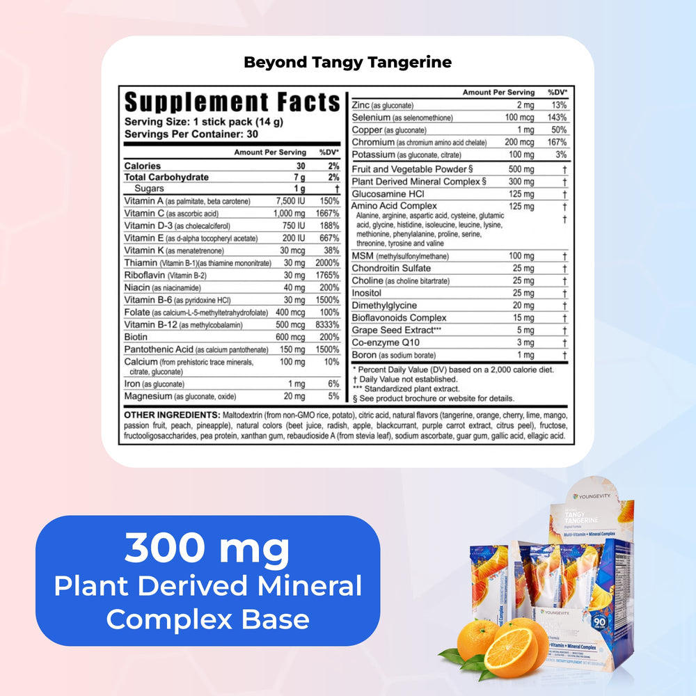 Youngevity Beyond Tangy Tangerine label closeup emphasizes vitamin and mineral lineup.