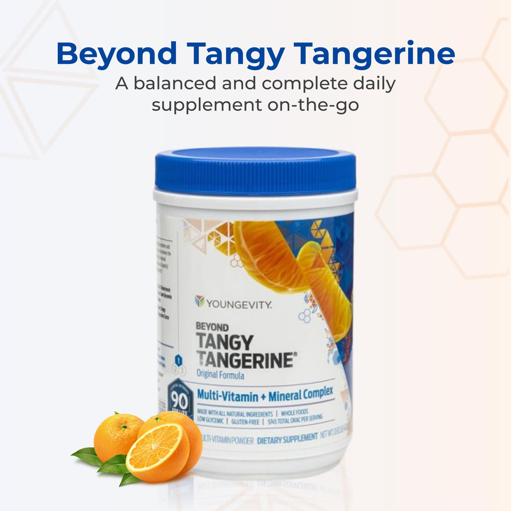 Youngevity Beyond Tangy Tangerine label closeup highlights vitamin blend details.