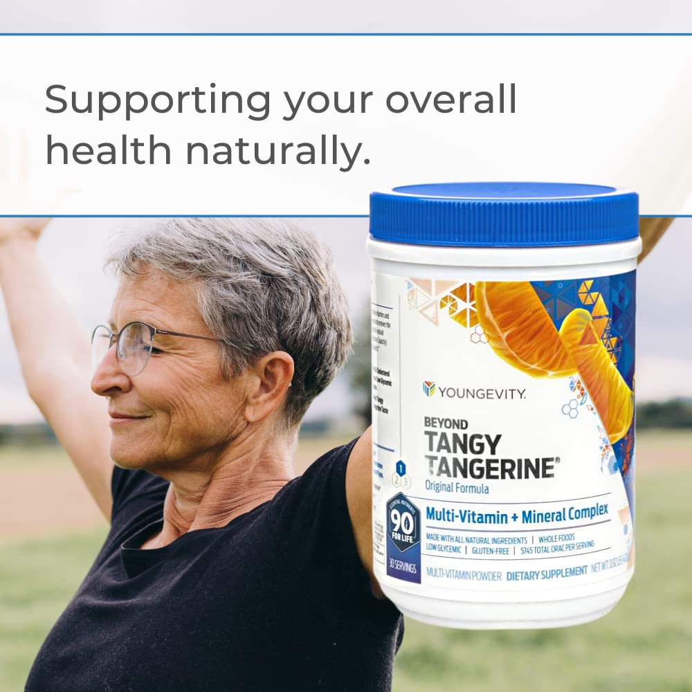 Youngevity Beyond Tangy Tangerine original formula label view emphasizes organic and gluten-free ingredients for clean daily nutrition