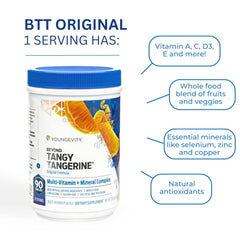 Youngevity Beyond Tangy Tangerine original formula label shows organic ingredients for trustworthy daily nutrition