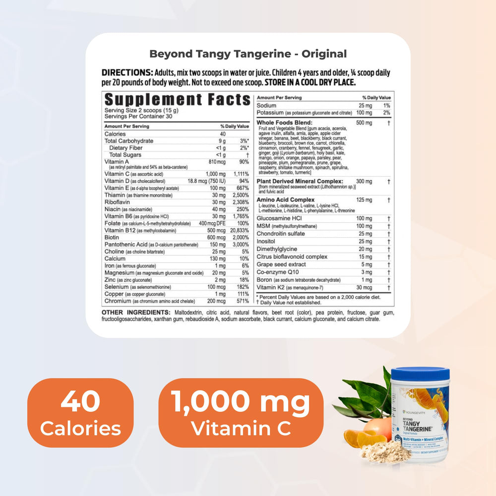Youngevity Beyond Tangy Tangerine powder dispense shows easy measuring scoop.