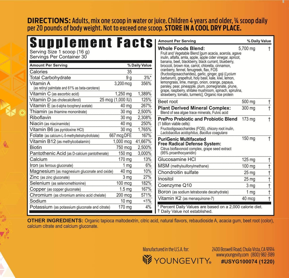 Youngevity BTT 2.5 tropical-tangerine label highlights vitamins in a vibrant, clean formula.