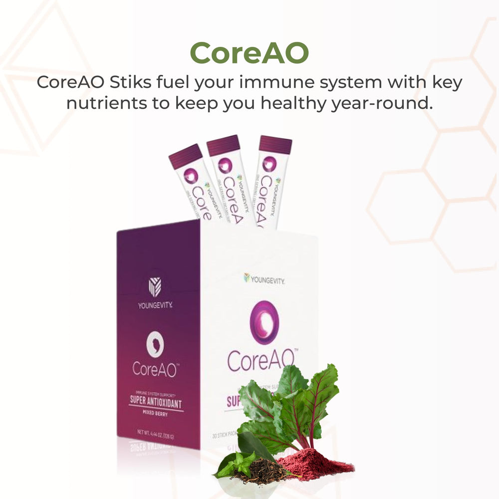 Close-up of Youngevity CoreAO Stiks elderberry blend for immune-friendly antioxidants