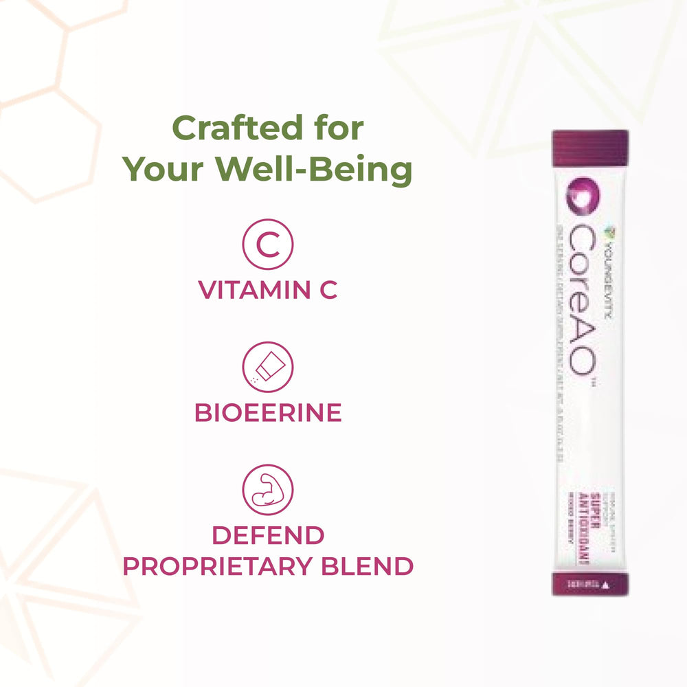 Travel-friendly Youngevity CoreAO Stiks stick pack ready to mix