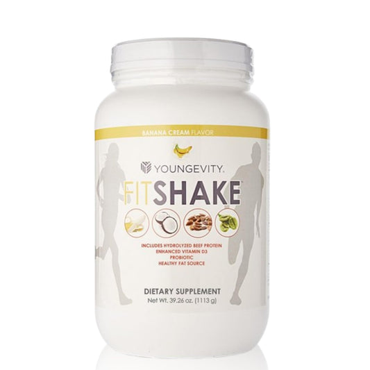 Youngevity FitShake Banana Cream bottle pour showing convenient on-the-go protein.