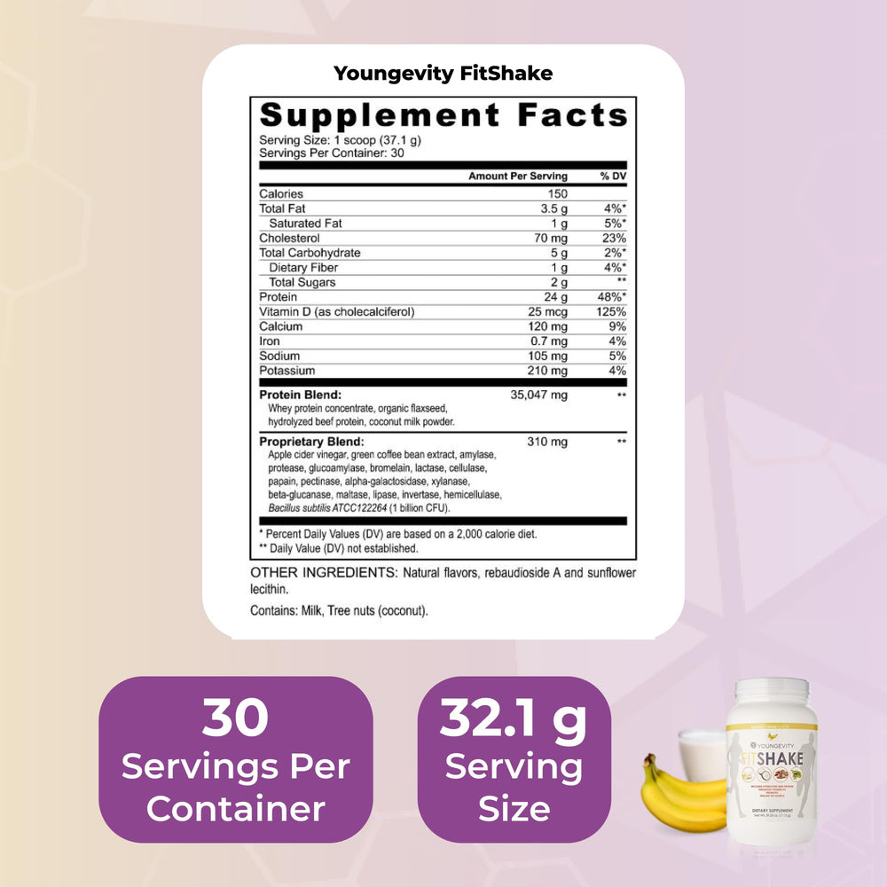 Youngevity FitShake Banana Cream packaging front highlighting 30 servings.