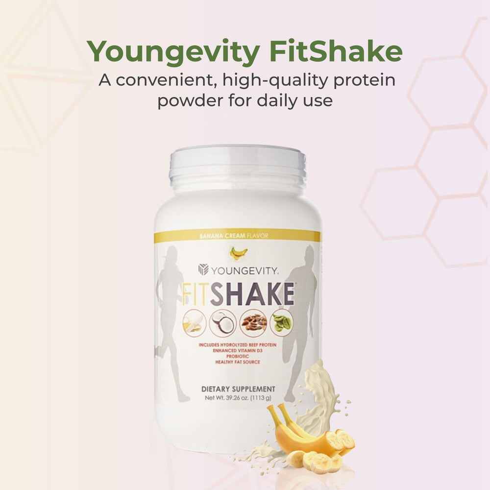 Youngevity FitShake Banana Cream serving cup with creamy shake for workouts.