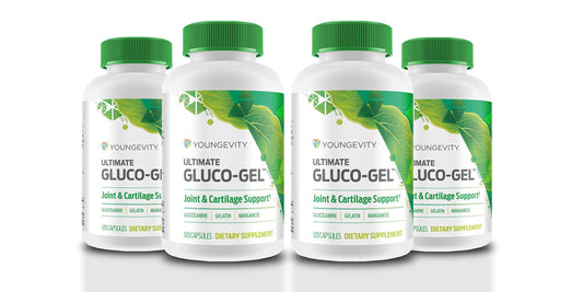 Youngevity Gluco-Gel bottle and capsules for joint health support.