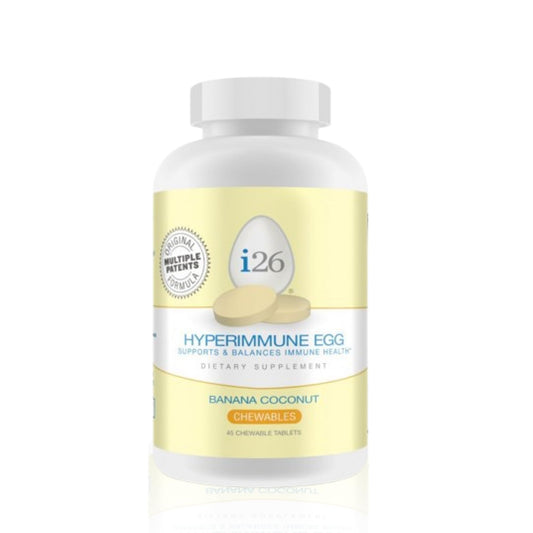 Youngevity i26 Hyperimmune Egg bottle with banana coconut chewables for daily immune support
